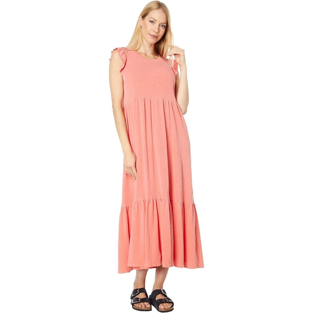 Sundry Ruffle Sleeve Tiered Maxi Dress Coral Pink Slub Cotton Size 2 M USA Made